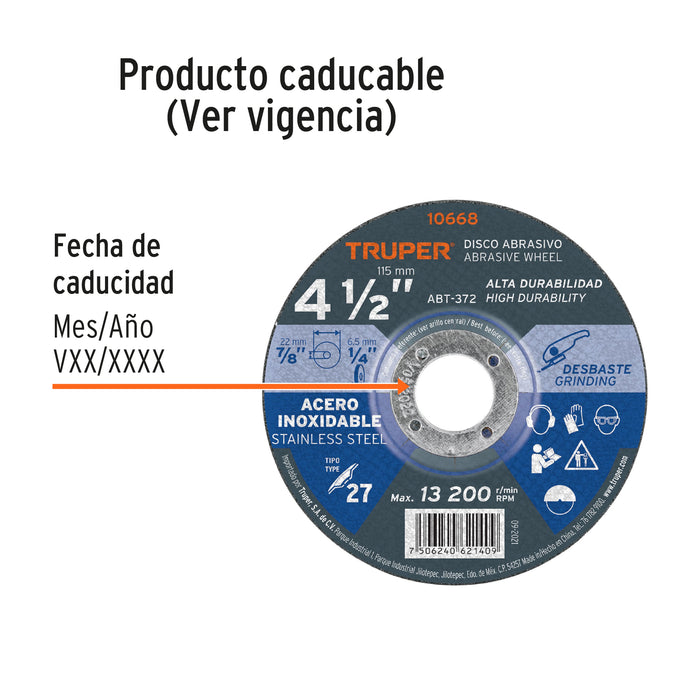 Disco Tipo 27 de 4-1/2' x 6.5 mm desbaste acero inoxidable 10668 ABT-372