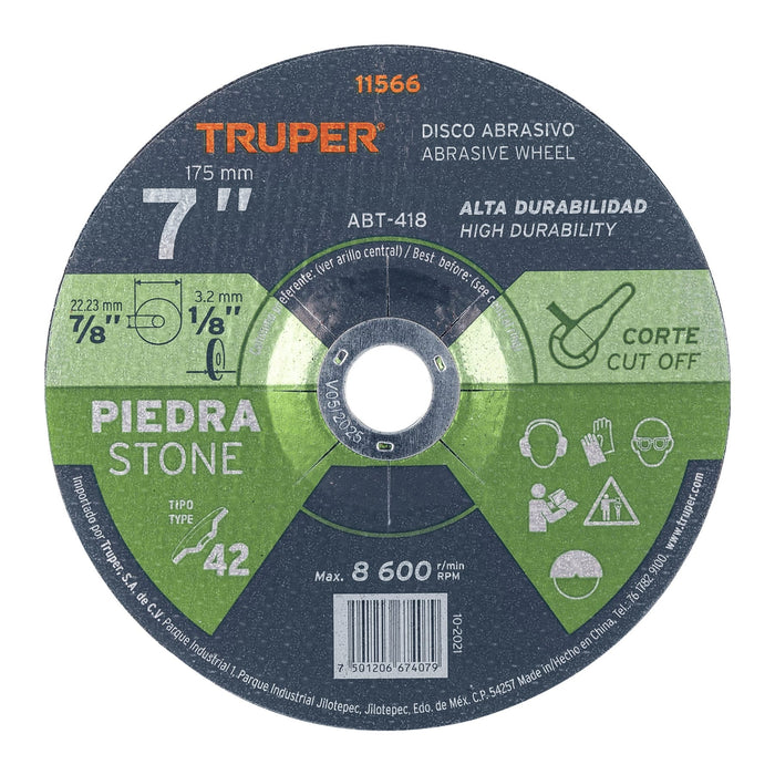 Disco Tipo 42 de 7' x 3.2 mm para corte de piedra, Truper 11566 ABT-418