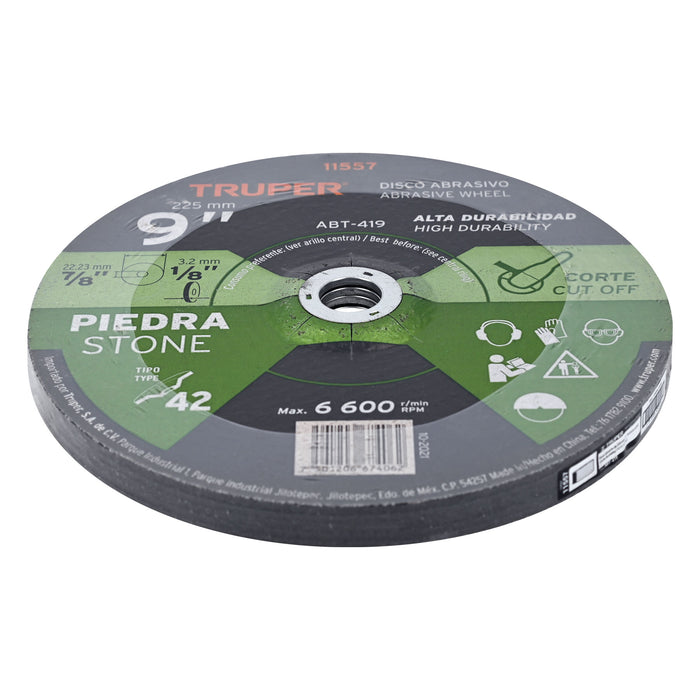 Disco Tipo 42 de 9' x 3.2 mm para corte de piedra, Truper 11557 ABT-419