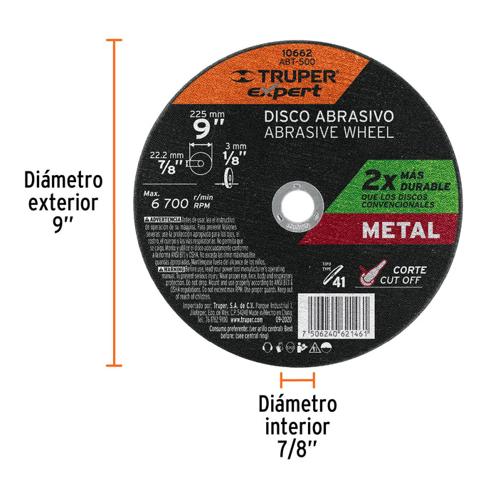 Disco para corte de metal, tipo 41, diámetro 9' Expert 10662 ABT-500