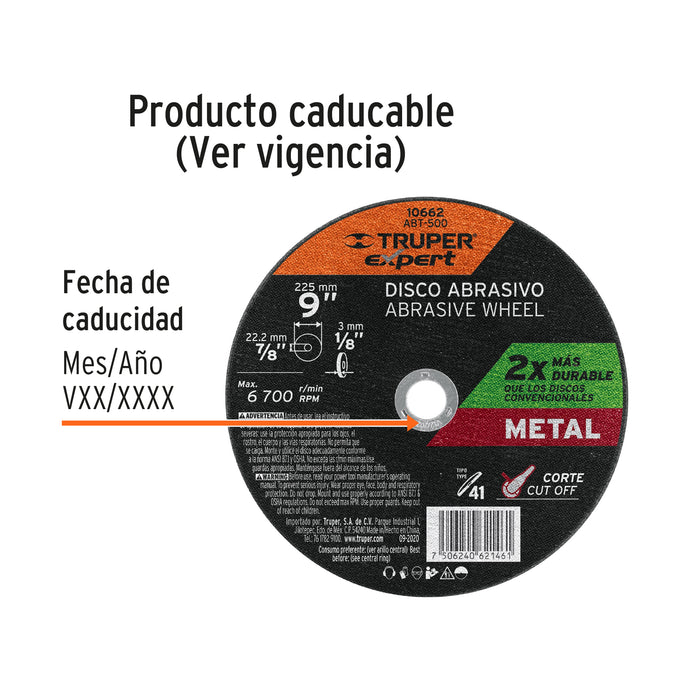 Disco para corte de metal, tipo 41, diámetro 9' Expert 10662 ABT-500