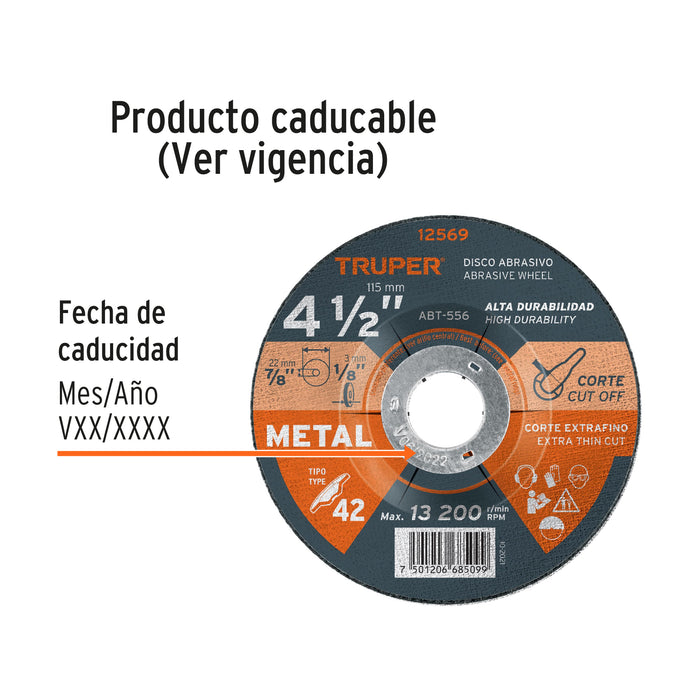 Disco Tipo 42 de 4-1/2' x 3.2 mm para corte de metal, Truper 12569 ABT-556