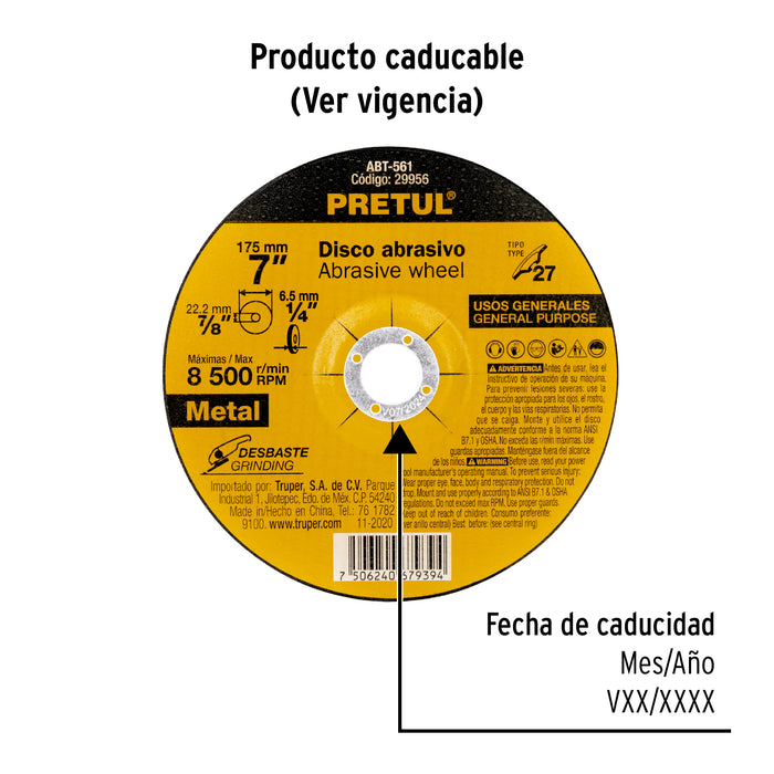 Disco Tipo 27 de 7' x 6.2 mm desbaste de metal, Pretul 29956 ABT-561