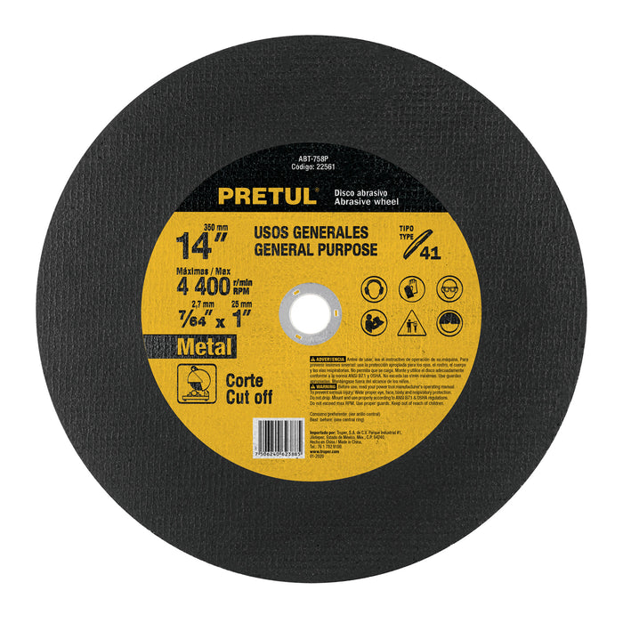 Disco Tipo 41 de 14' x 2.8 mm para corte de metal, Pretul 22561 ABT-758P