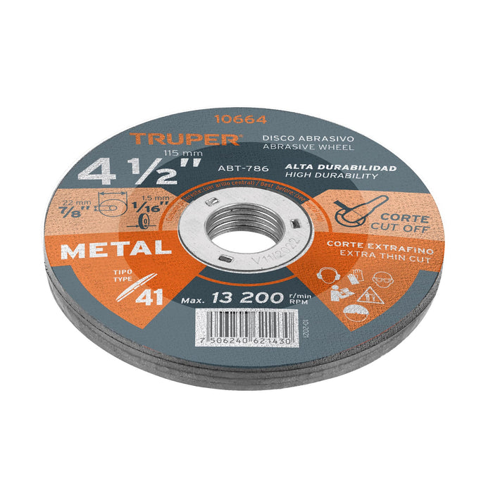 Disco de 4-1/2' para corte de metal, tipo 41, Truper 10664 ABT-786