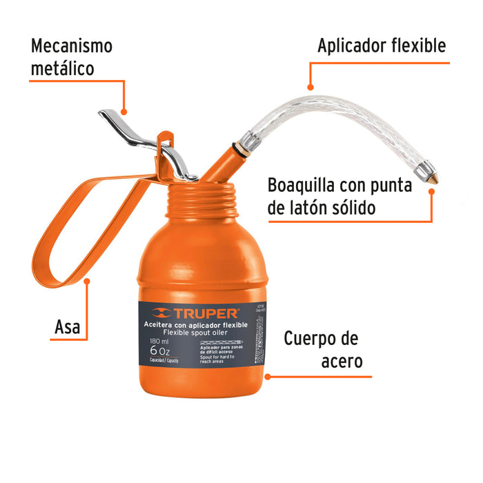 Aceitera de 180 ml (6 oz) con aplicador flexible, Truper 14870 ACEF-180