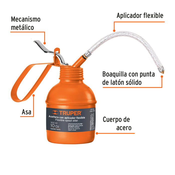 Aceitera de 300 ml (10 oz) con aplicador flexible, Truper 14872 ACEF-300