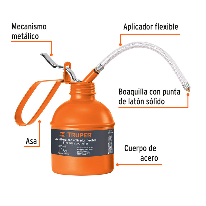 Aceitera de 500 ml (17 oz) con aplicador flexible, Truper 14874 ACEF-500