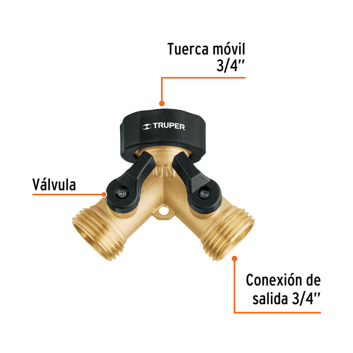 Conector 'Y' 3/4' latón sólido con tuerca móvil p/manguera 10375 AD-2X