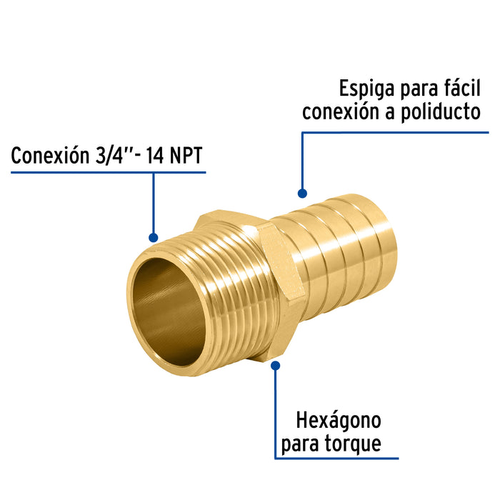 Adaptador macho de latón 3/4' para poliducto, Foset 49306