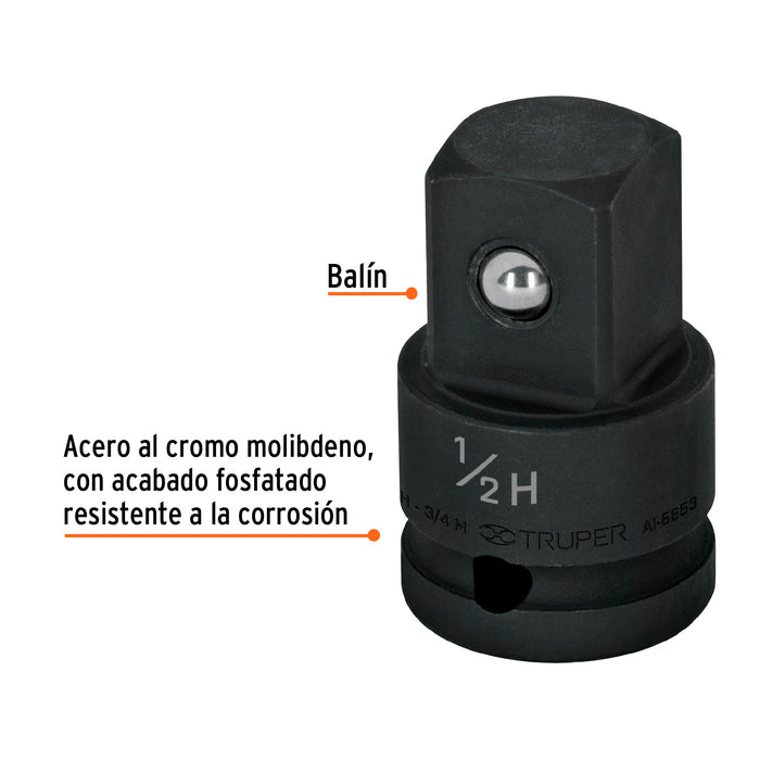 Adaptador de impacto 1/2' (H) x 3/4' (M), Truper 100907 AI-5653