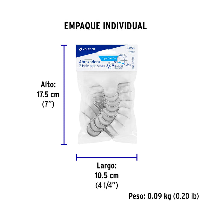 Bolsa con 10 abrazaderas 3/4' tipo omega para tubo, Volteck 46924