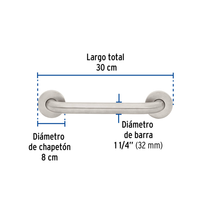 Barra recta de seguridad, acero inox, 1-1/4' x 30cm, Foset 46882