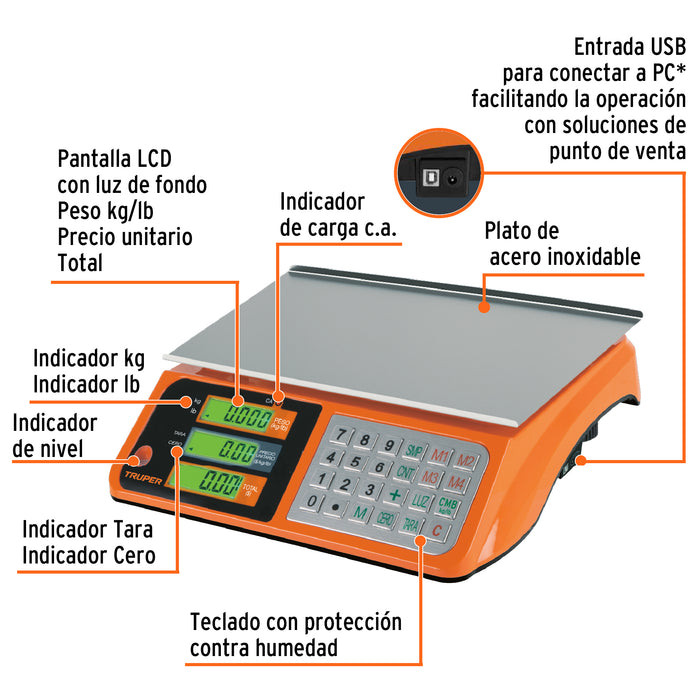 Báscula electrónica multifunciones 40 kg USB, Truper 103131 BASE-40U