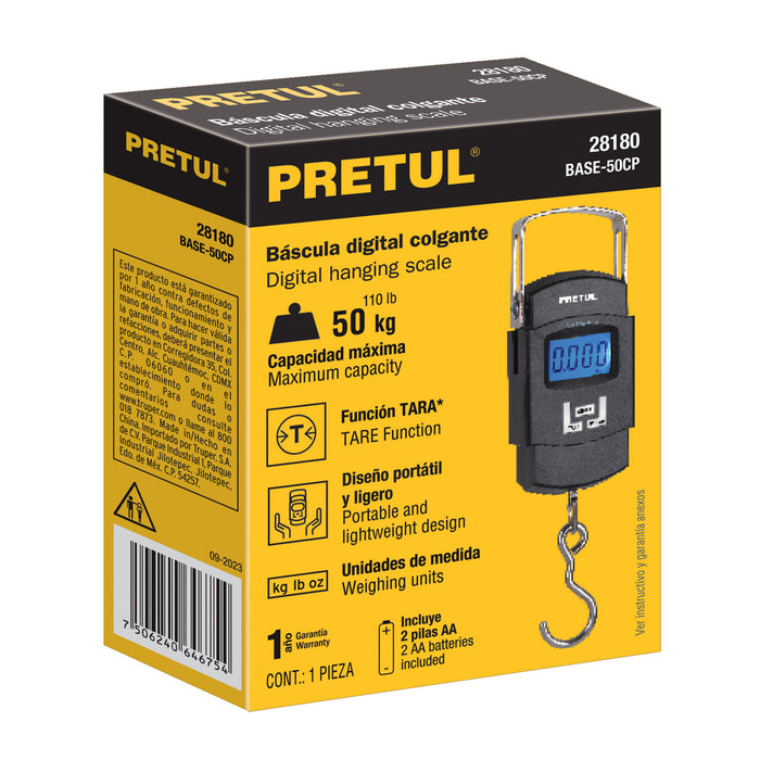 Báscula electrónica colgante, de pilas, 50 kg, Pretul 28180 BASE-50CP