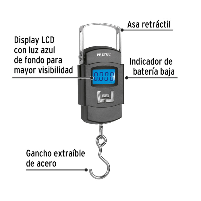 Báscula electrónica colgante, de pilas, 50 kg, Pretul 28180 BASE-50CP