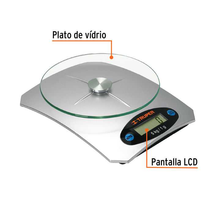 Báscula digital para cocina, plato de vidrio, 5 kg, Truper 15160 BASE-5EC