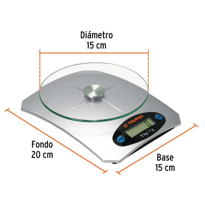 Báscula digital para cocina, plato de vidrio, 5 kg, Truper 15160 BASE-5EC