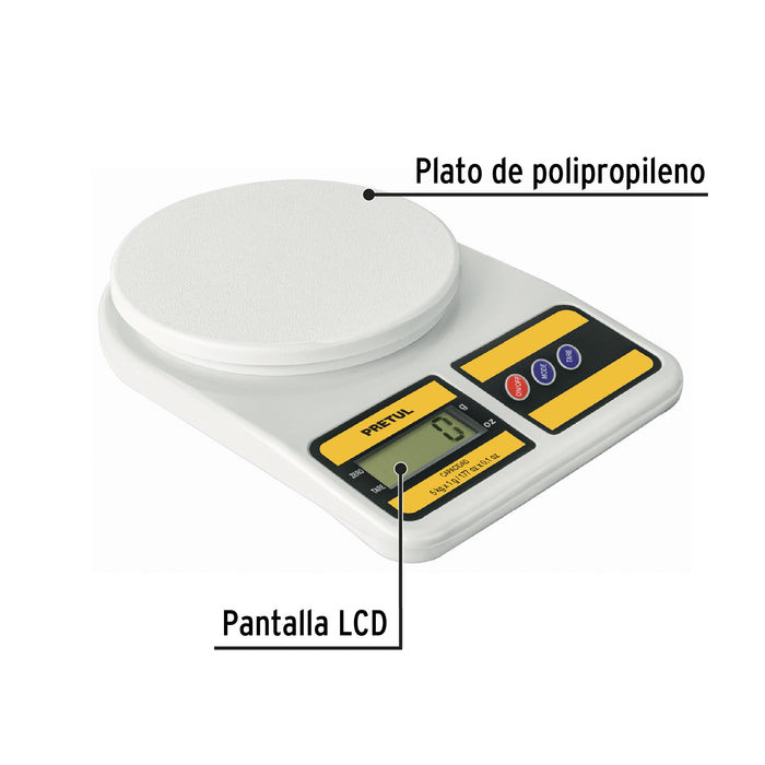 Báscula digital para cocina, plato de poliprop, 5 kg, Pretul 28309 BASE-5EPP