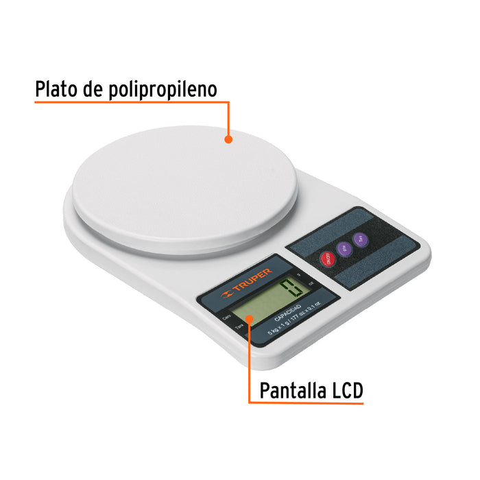 Báscula digital para cocina, plato de ABS, 5 kg, Truper 15161 BASE-5EP