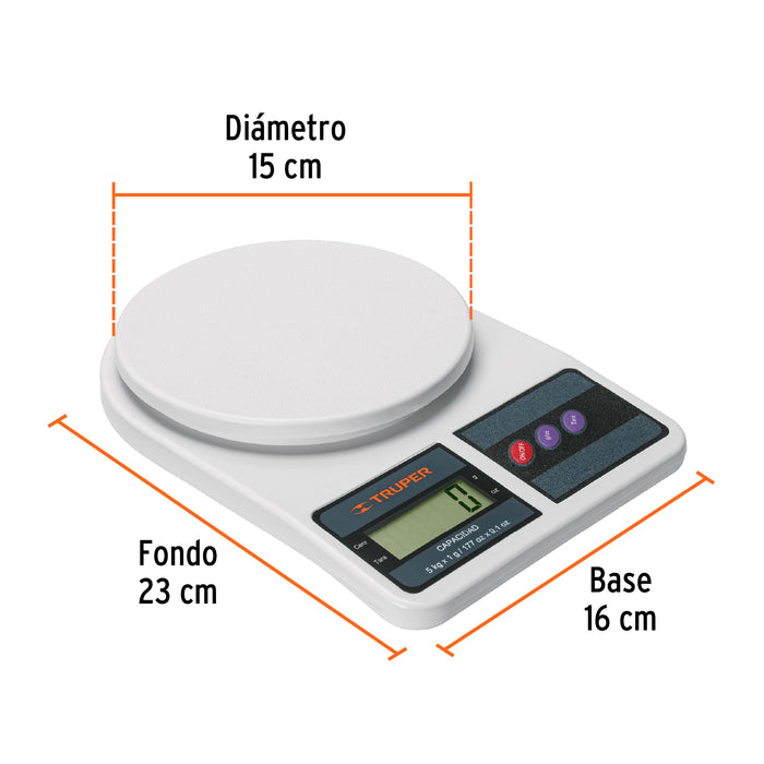 Báscula digital para cocina, plato de ABS, 5 kg, Truper 15161 BASE-5EP