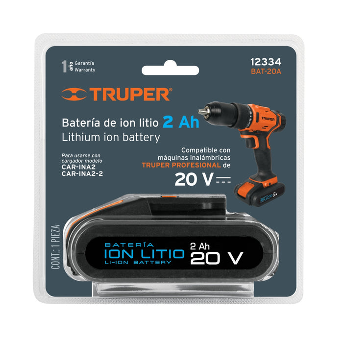 Batería ión Litio, 20 V para TALI-20A y ROTI-20A, Truper 12334 BAT-20A