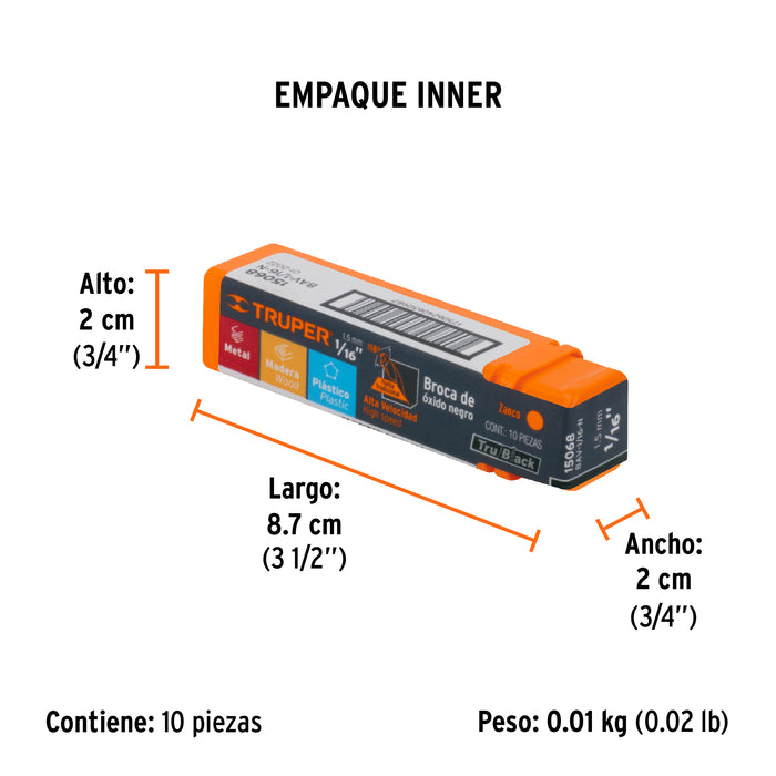 Broca HSS 1/16' Trublack para metal, Truper Código: 15068
