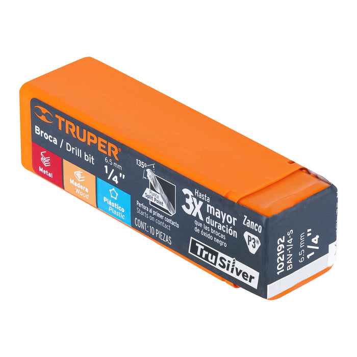 Broca HSS 1/4' Trusilver para metal, Truper Código: 102192