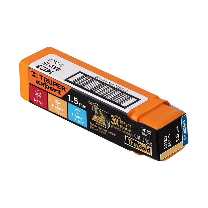 Broca HSS 1.5 mm Trugold para metal, Truper Expert 14123 BAV-15