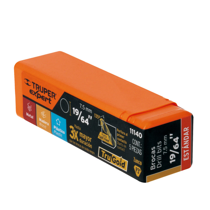 Broca HSS 19/64' Trugold para metal, Truper Expert 11140