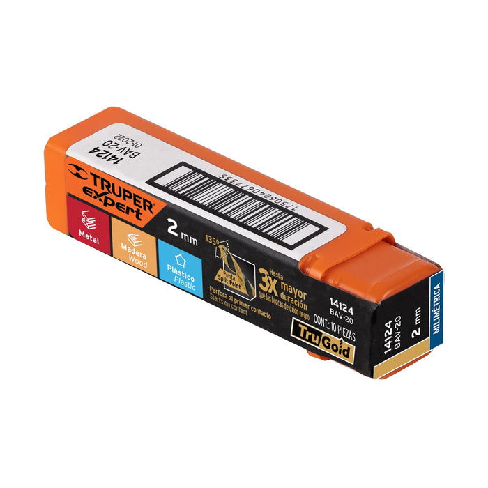 Broca HSS 2.0 mm Trugold para metal, Truper Expert 14124 BAV-20