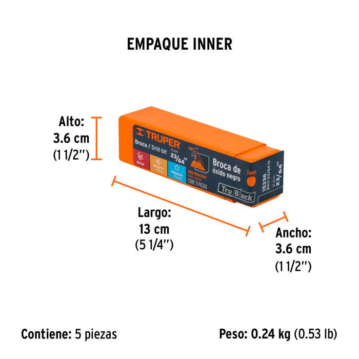 Broca HSS 23/64' Trublack para metal, Truper Código: 15336