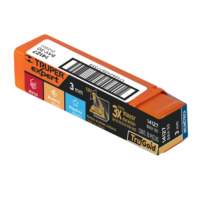 Broca HSS 3.0 mm Trugold para metal, Truper Expert 14127 BAV-30