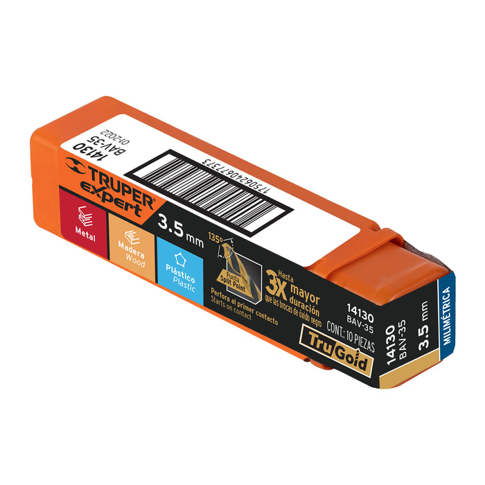 Broca HSS 3.5 mm Trugold para metal, Truper Expert 14130 BAV-35