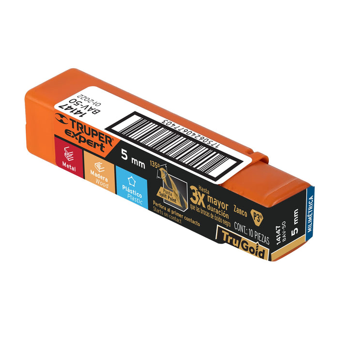 Broca HSS 5.0 mm Trugold para metal, Truper Expert 14147 BAV-50
