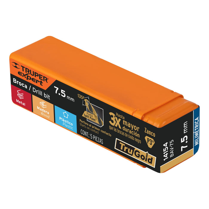 Broca HSS 7.5 mm Trugold para metal, Truper Expert 14154 BAV-75