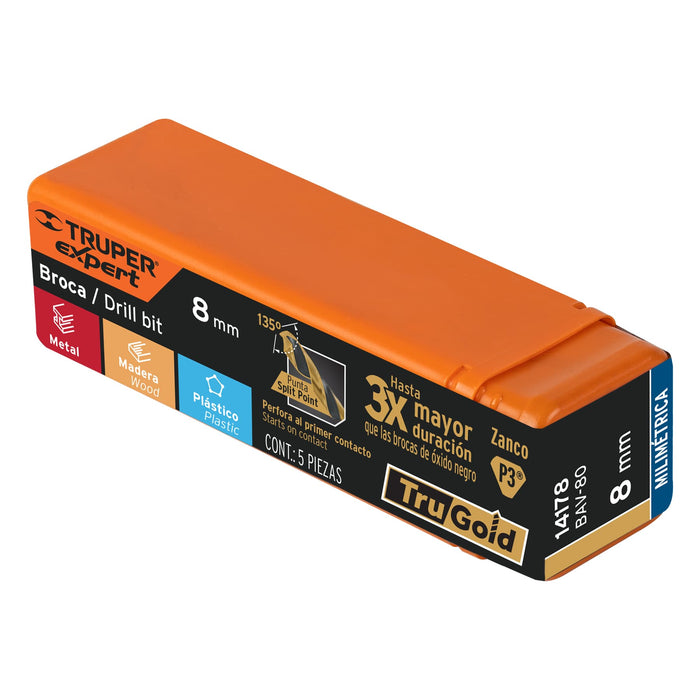 Broca HSS 8.0 mm Trugold para metal, Truper Expert 14178 BAV-80