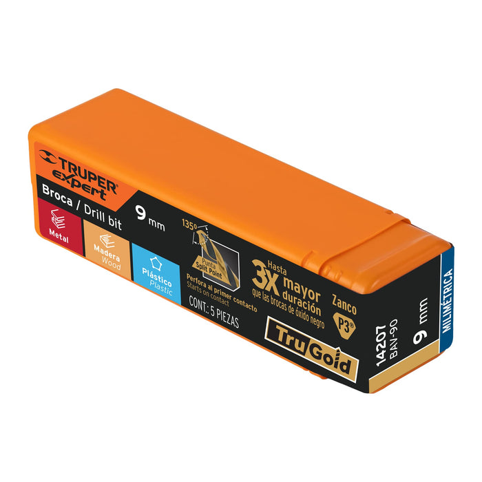 Broca HSS 9.0 mm Trugold para metal, Truper Expert 14207 BAV-90