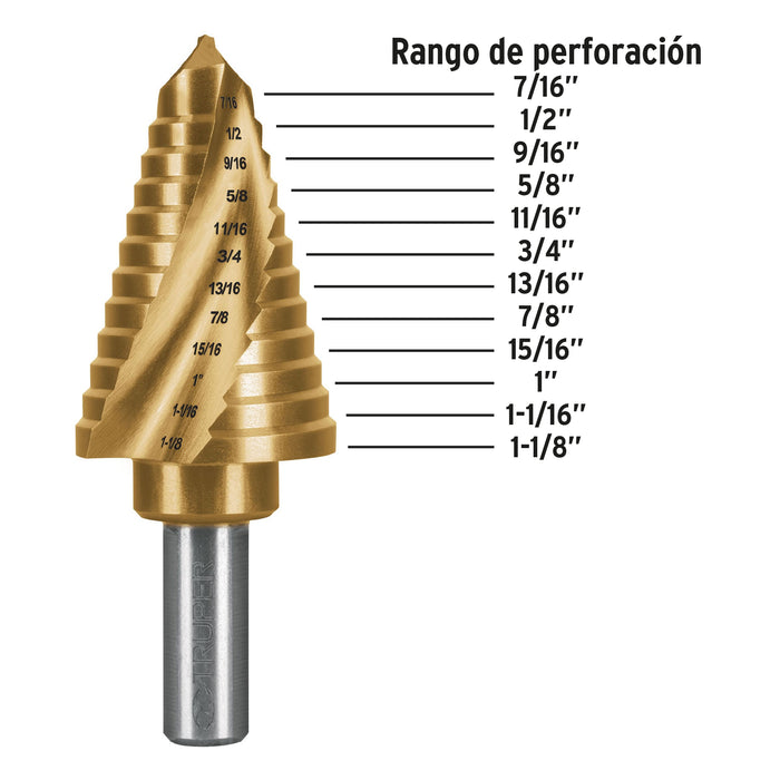 Broca escalonada titanio 12 escalones 7/16' a 1-1/8', Expert 101555 BES-12AX