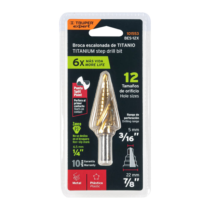 Broca escalonada titanio 12 escalones 3/16' a 7/8', Expert 101553 BES-12X