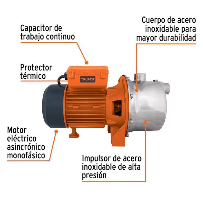 Bomba eléctrica tipo jet para agua, acero inoxidable, 3/4 HP Código: 13557