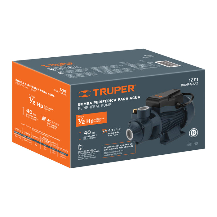 Bomba periférica 1/2 HP, altura máxima 40 m, Truper Código: 12111