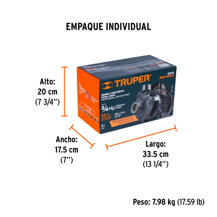 Bomba periférica 3/4 HP, altura máxima 55 m, Truper Código: 12113