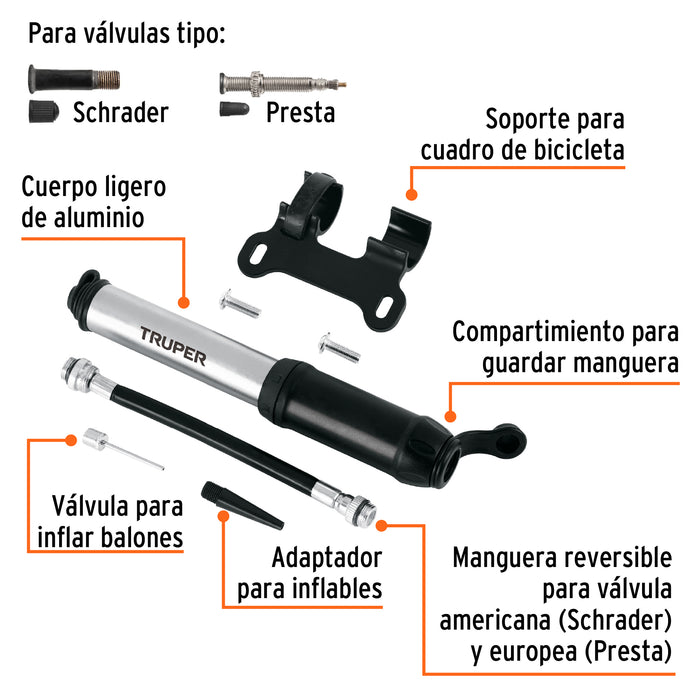 Mini bomba manual para bicicleta, abatible, 75 PSI, Truper 11997 BOM-MI-X