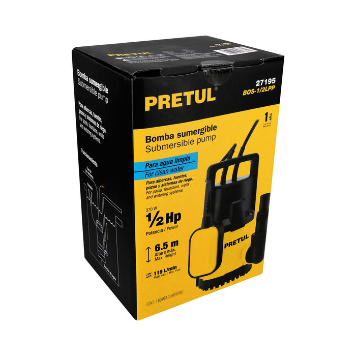 Bomba sumergible plástica, 1/2 HP para agua limpia, Pretul 27195