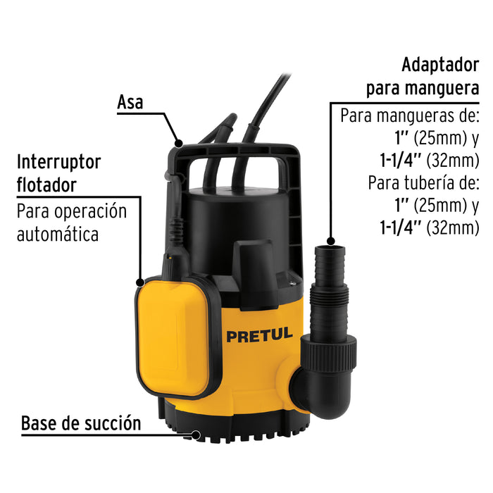 Bomba sumergible plástica, 1/2 HP para agua limpia, Pretul 27195