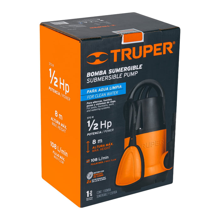 Bomba sumergible plástica, 1/2 HP para agua limpia, Truper Código: 12601