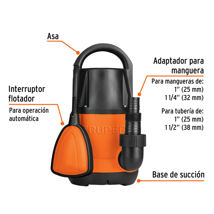 Bomba sumergible plástica, 1/2 HP para agua limpia, Truper Código: 12601