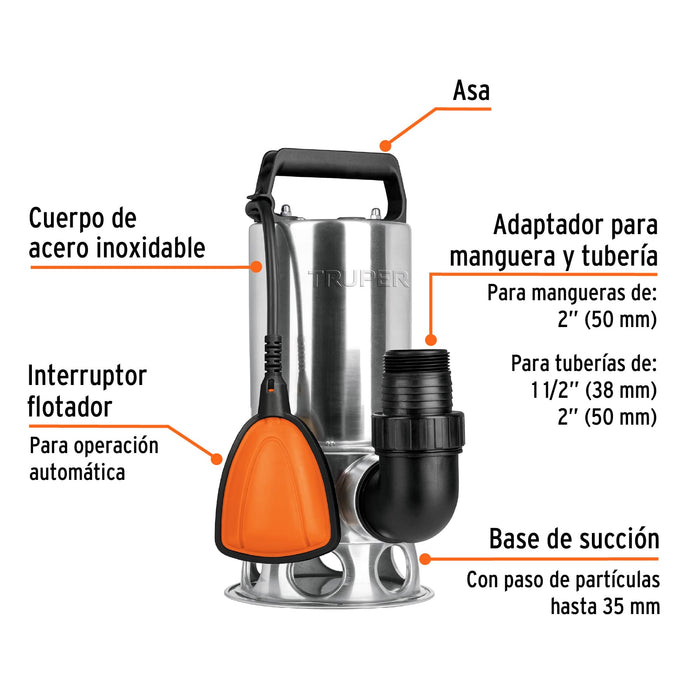 Bomba sumergible acero inoxidable, agua sucia, 1HP, Truper 12607 BOS-1SM