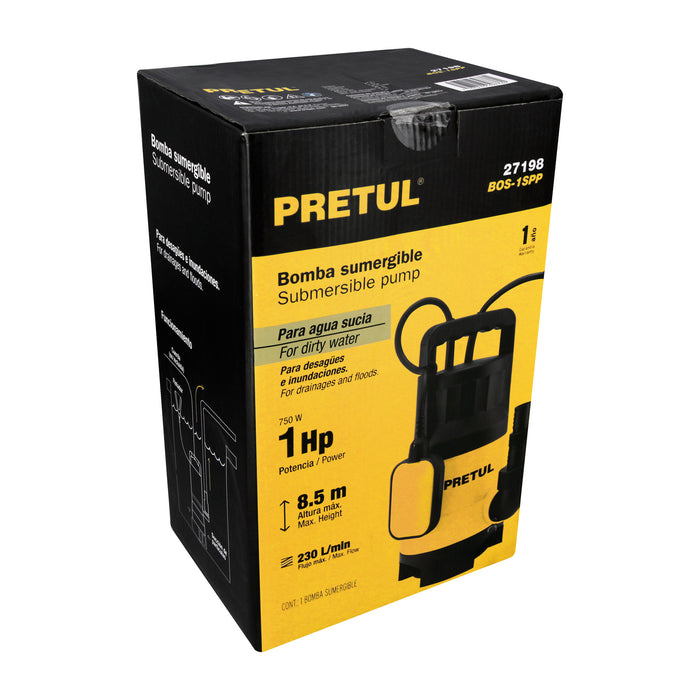 Bomba sumergible plástica, 1 HP para agua sucia, Pretul 27198 BOS-1SPP